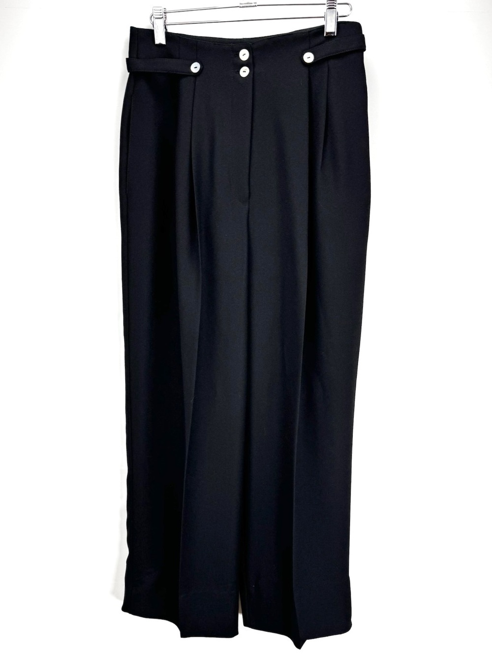 Wide Leg Ultra High-Waisted Black Trousers with Button & Strap Detail